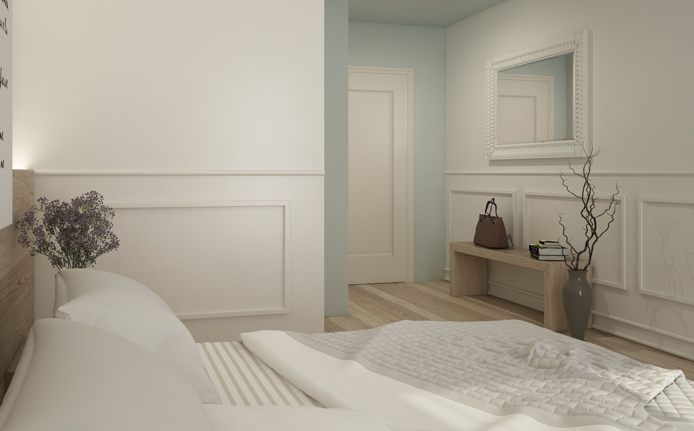Una camera da letto con un letto, un comodino con un vaso di fiori, uno specchio e una porta.