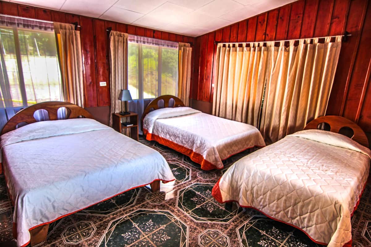 Una habitación con dos camas, paredes de madera y una alfombra estampada.