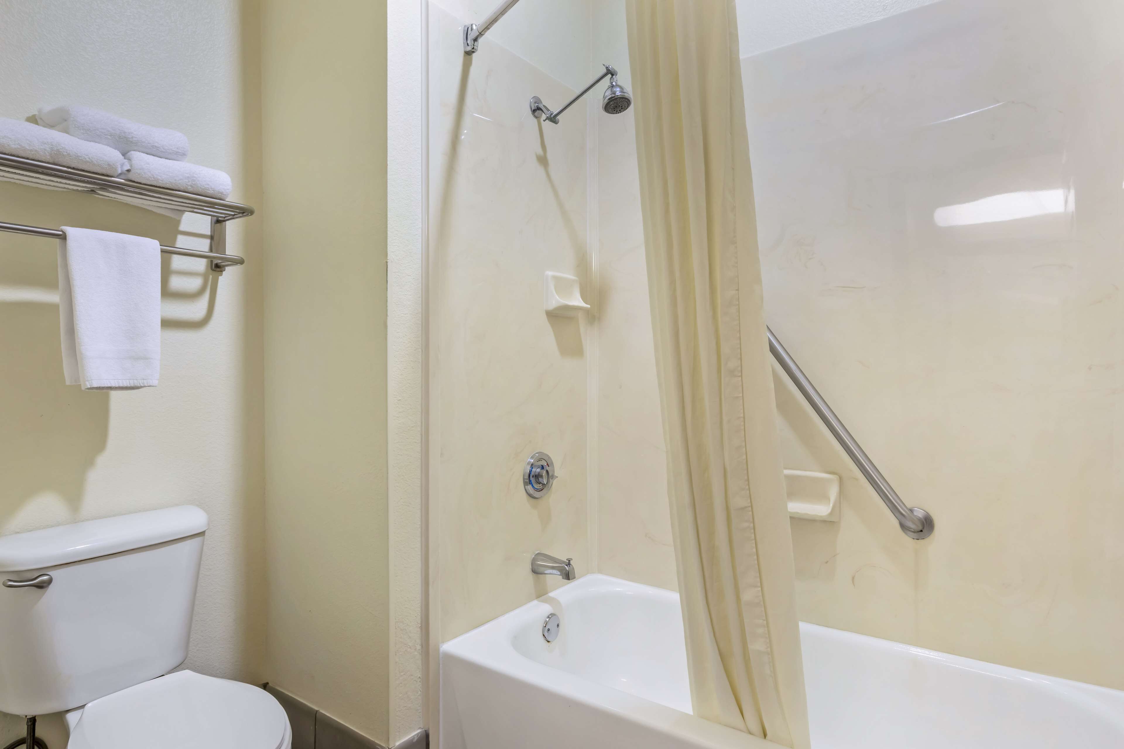 combined shower/bathtub, free toiletries, hair dryer, towels