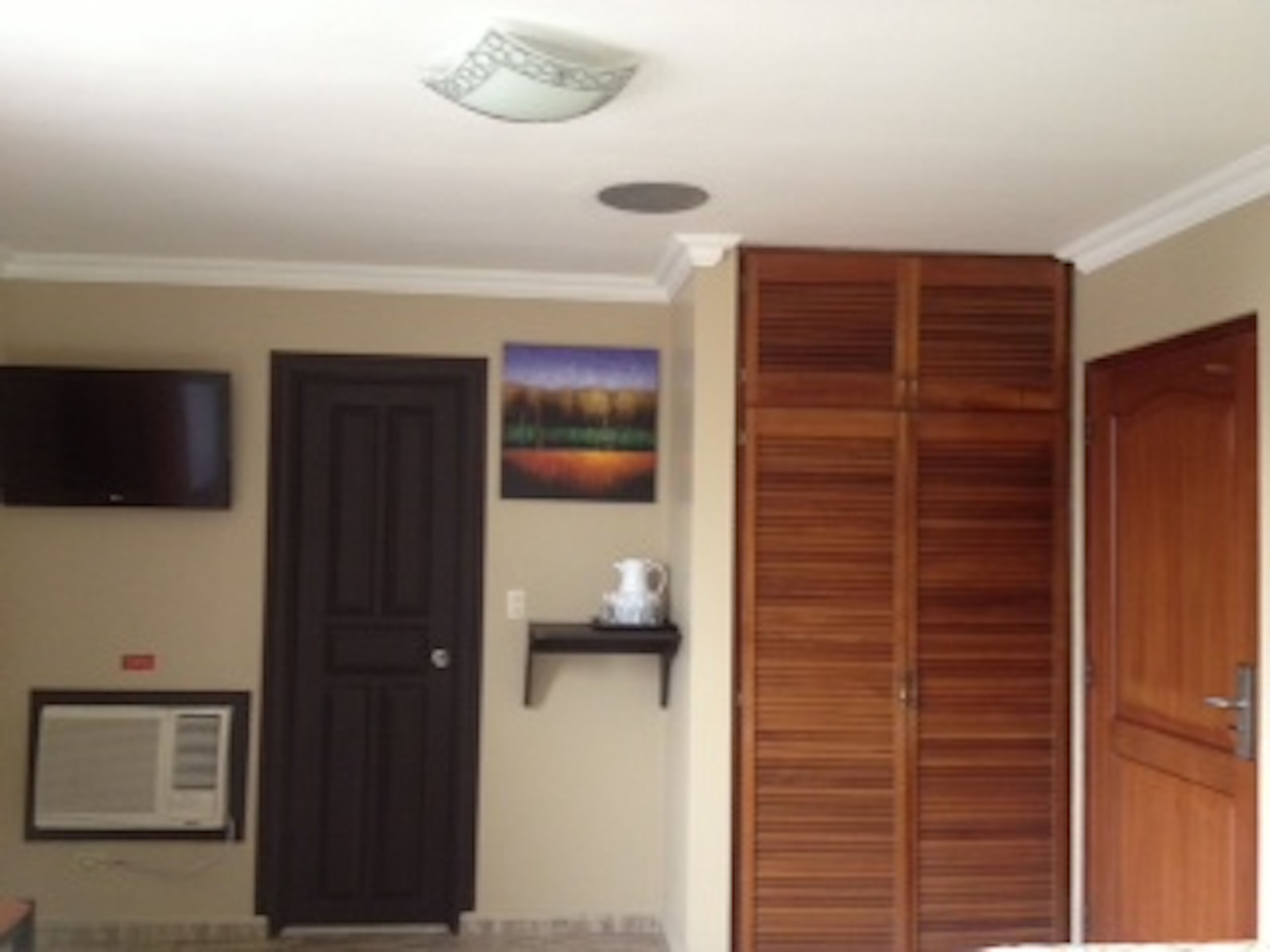 Una habitación con una puerta de madera oscura, un televisor de pantalla plana montado, un cuadro enmarcado en la pared y un armario de madera con puertas correderas.