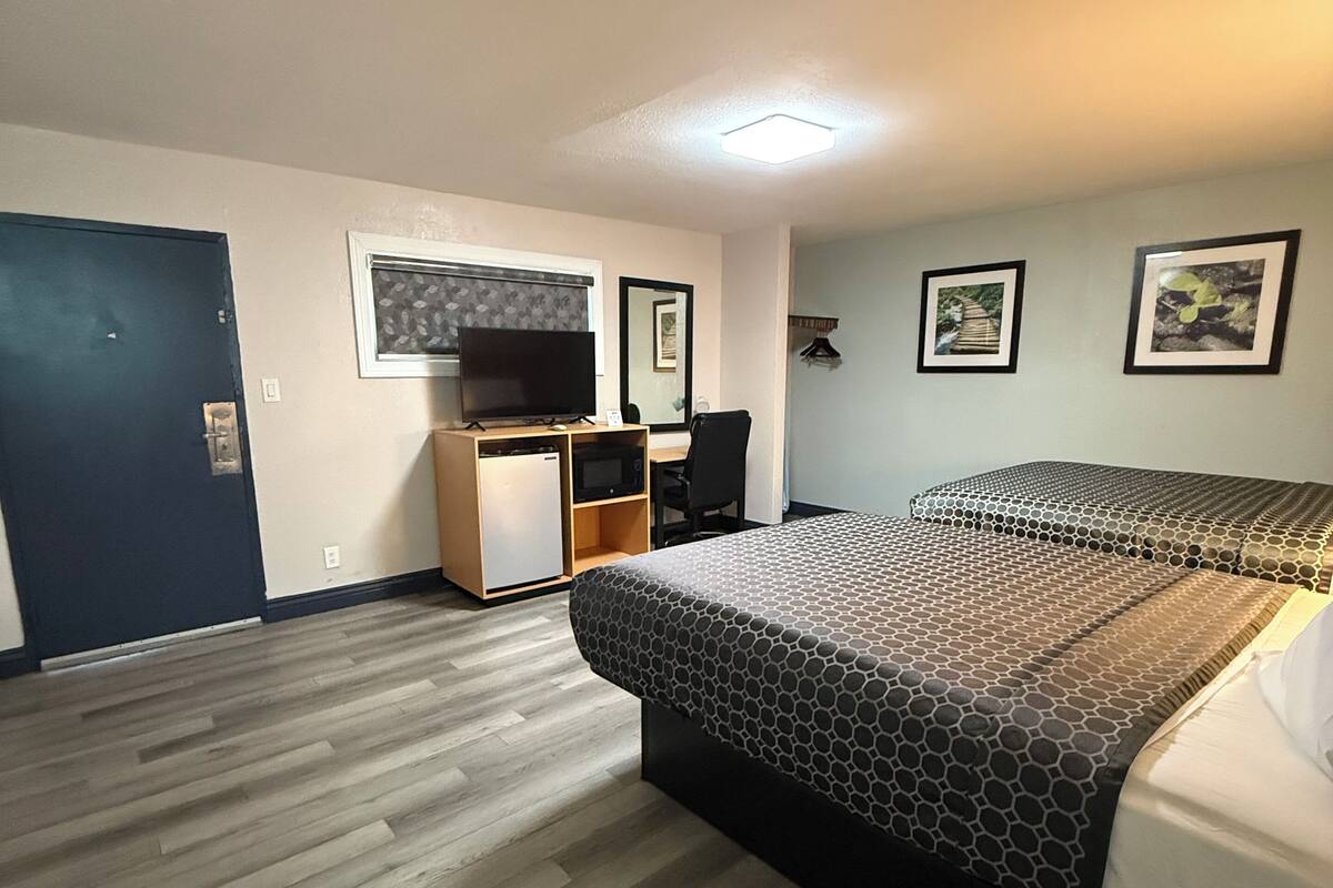 A hotel room with a bed, a desk with a computer, a television, and a door.
