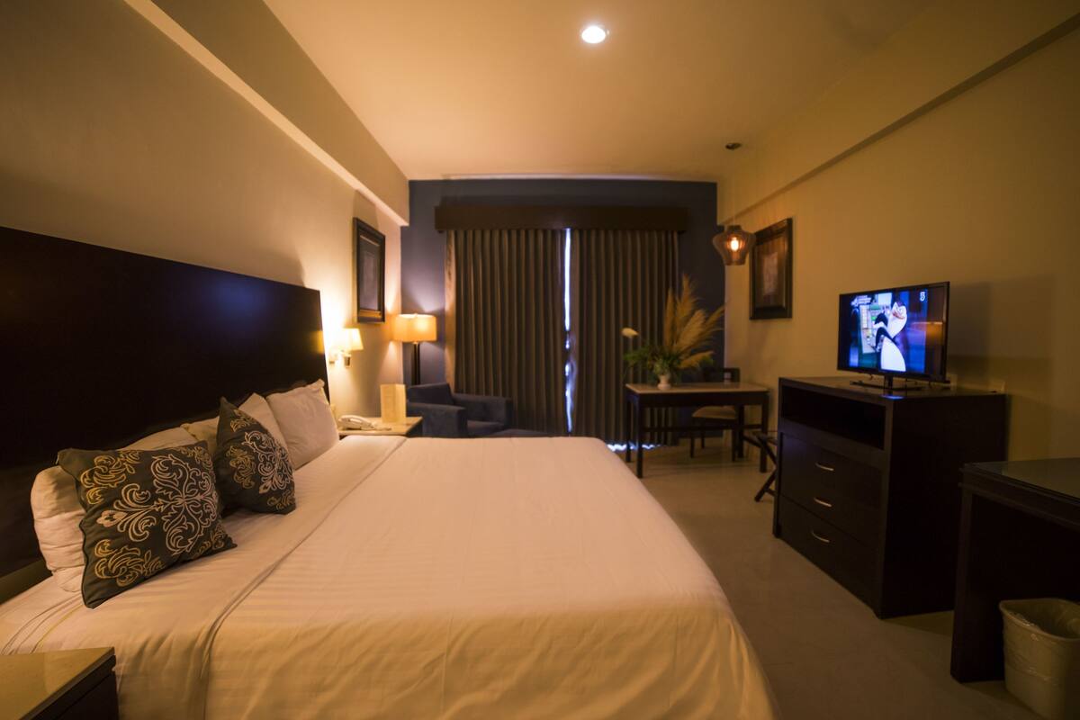 A hotel room with a large bed, a desk, a television, and a view of the outside.