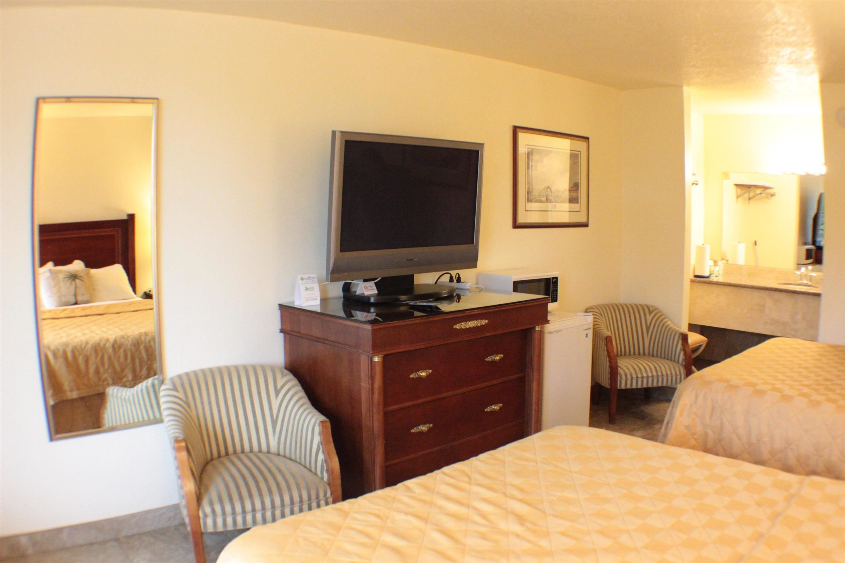 A hotel room with a bed, a chair, a dresser, a television, and a mirror.