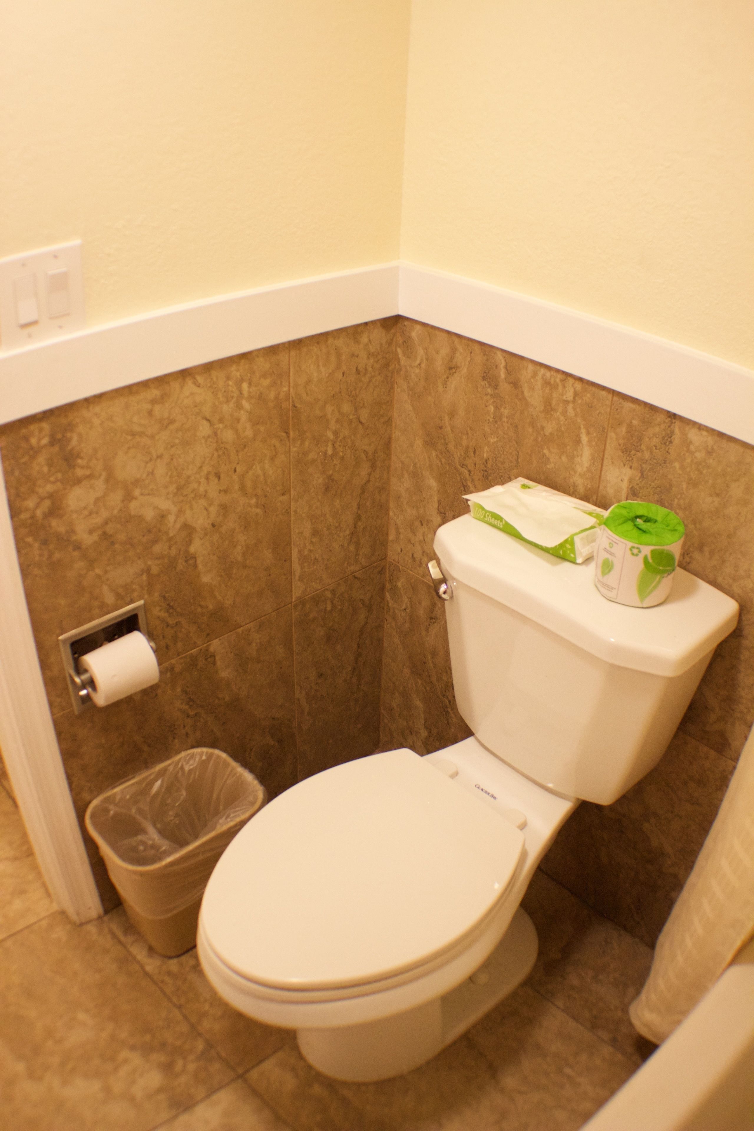A bathroom with a toilet, a trash can, and a toilet paper holder.