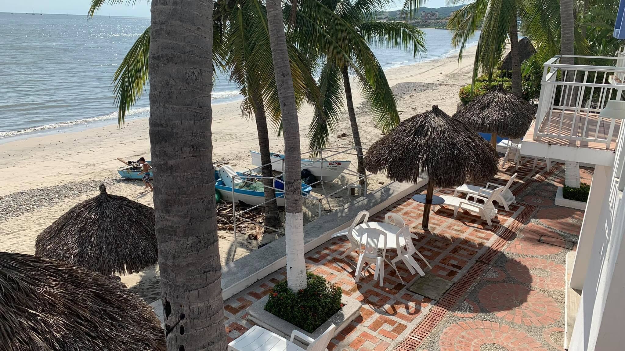 A beachside view with palm trees, a thatched-roof structure, and a pool area with lounge chairs.
