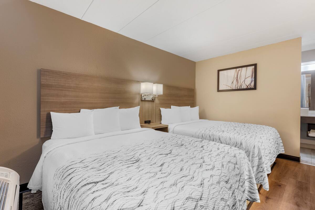 A hotel room with two beds, a wooden headboard, a nightstand with a lamp, and a framed picture on the wall.