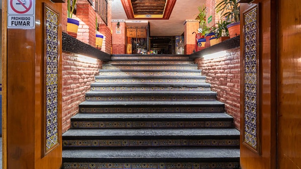 Una escalera con complejos diseños de baldosas, paredes de ladrillo y plantas en macetas.