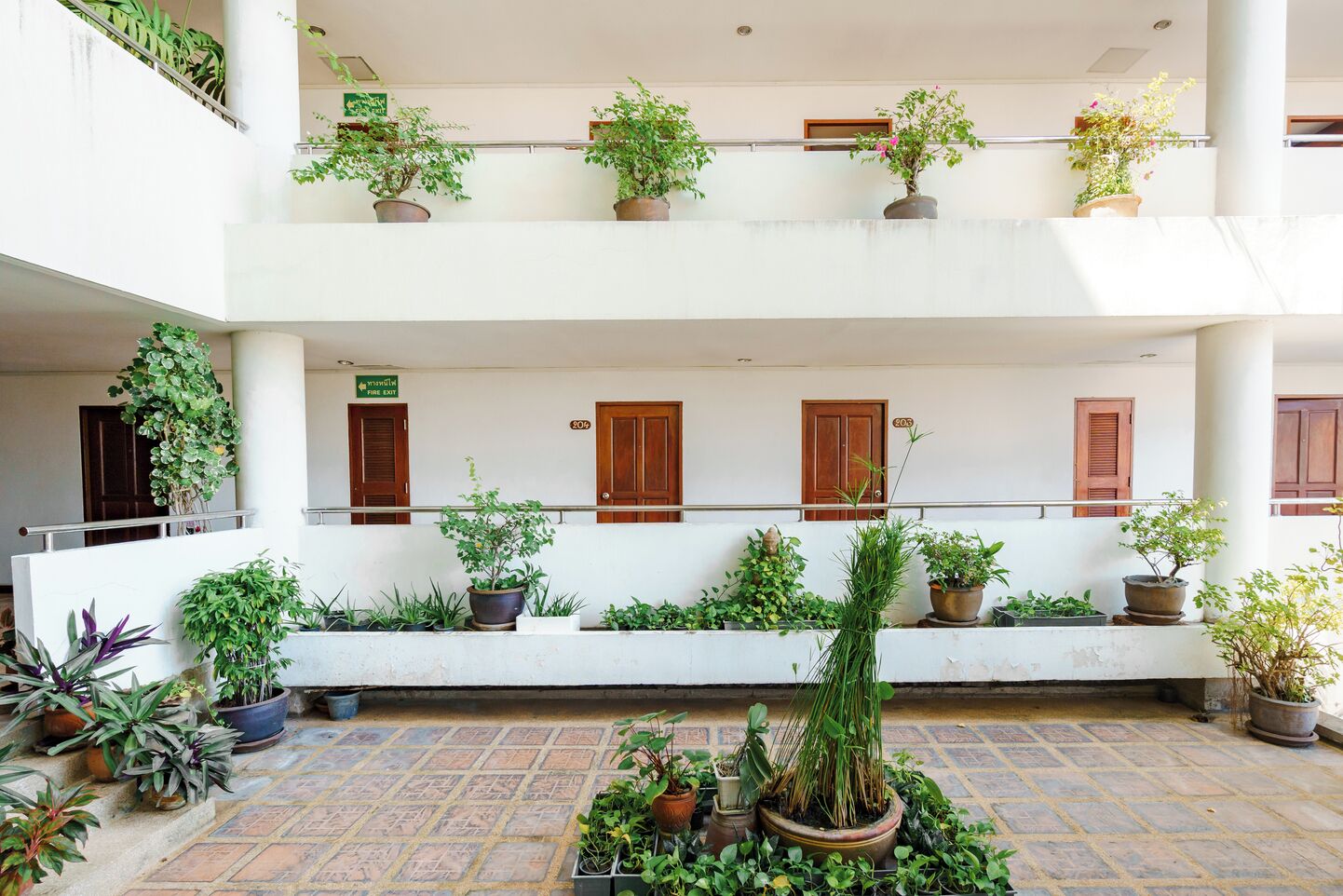 A multi-level atrium with potted plants and wooden doors.