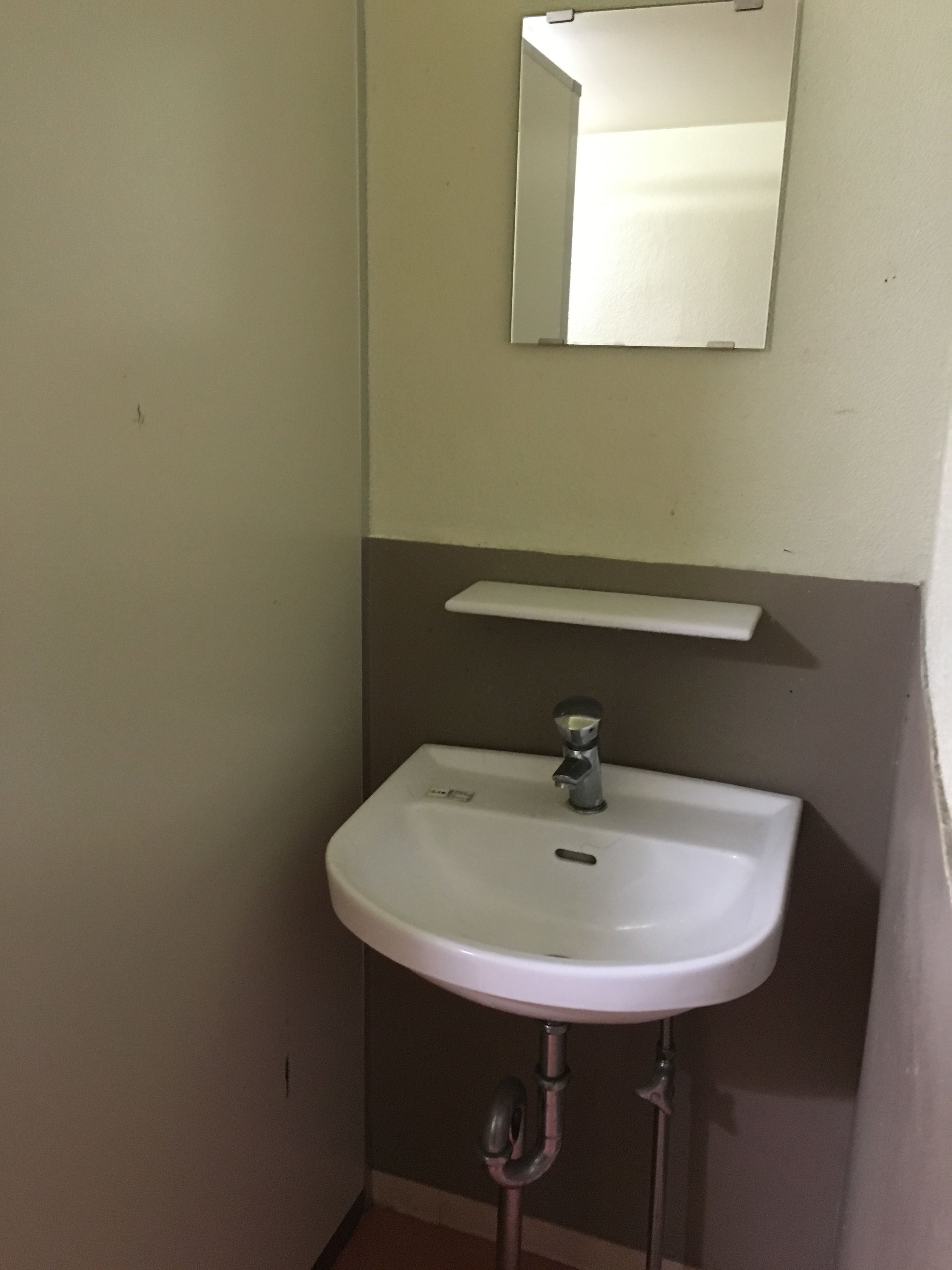 A bathroom with a white sink, a mirror above it, and a shelf below.