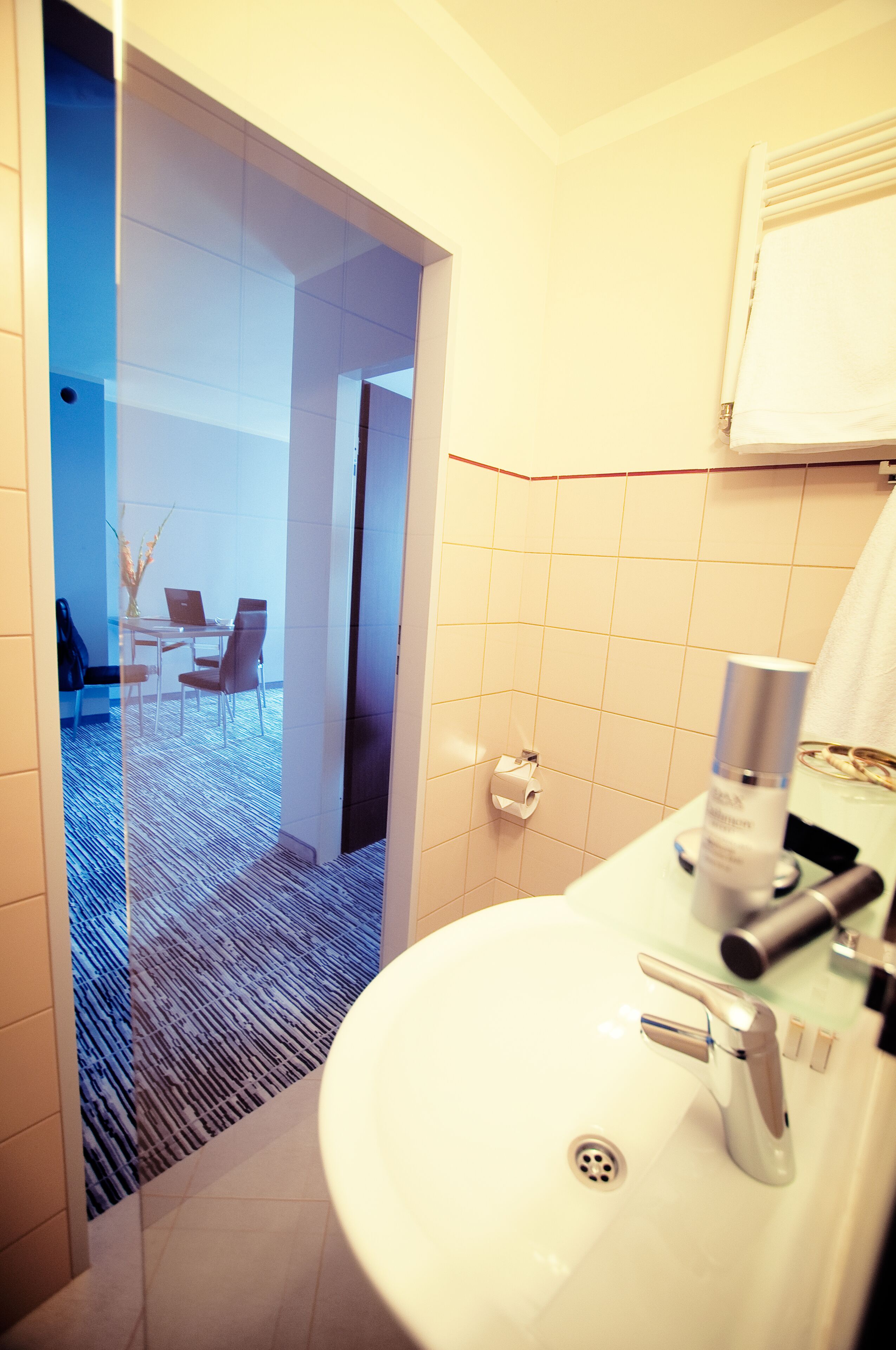 combined shower/bathtub, free toiletries, hair dryer, towels