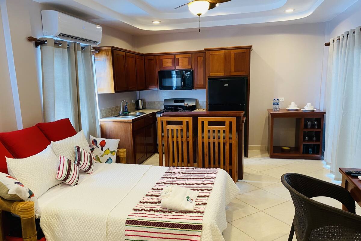 A compact hotel room with a bed, a small kitchenette, a dining area, and a TV.