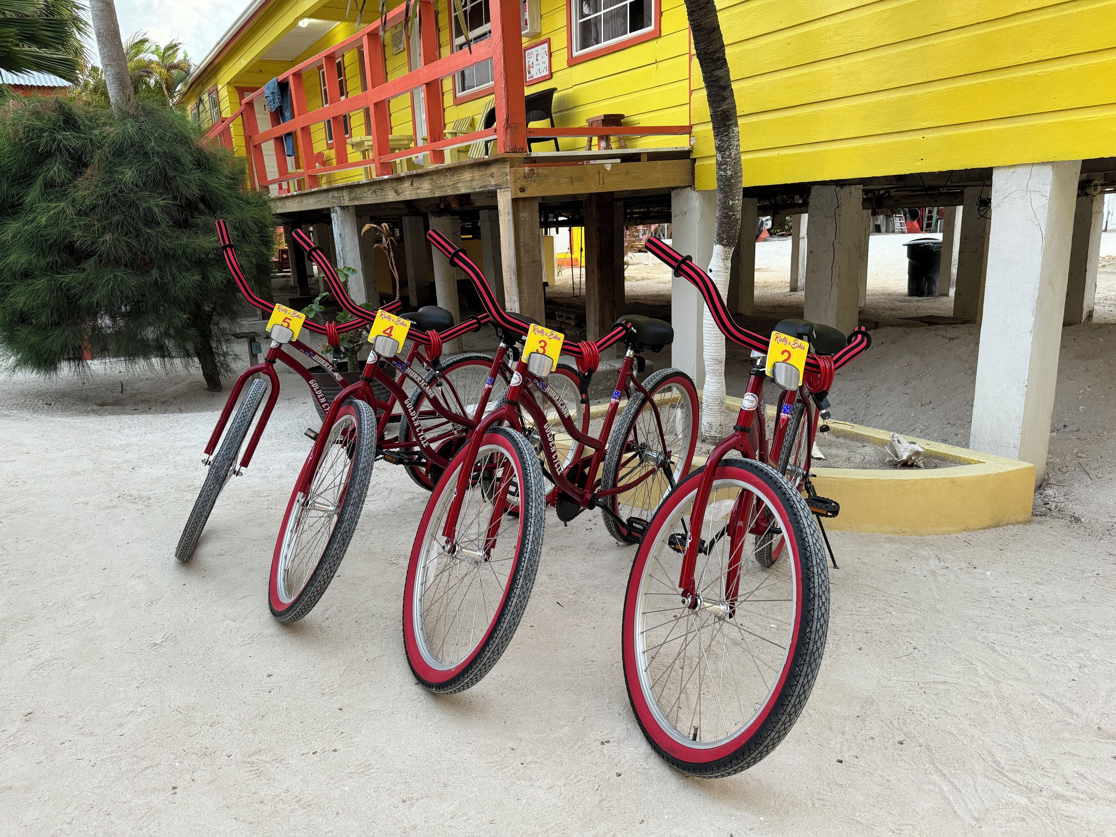 Uma fileira de bicicletas com placas numeradas, estacionadas em frente a um edifício amarelo com detalhes vermelhos.