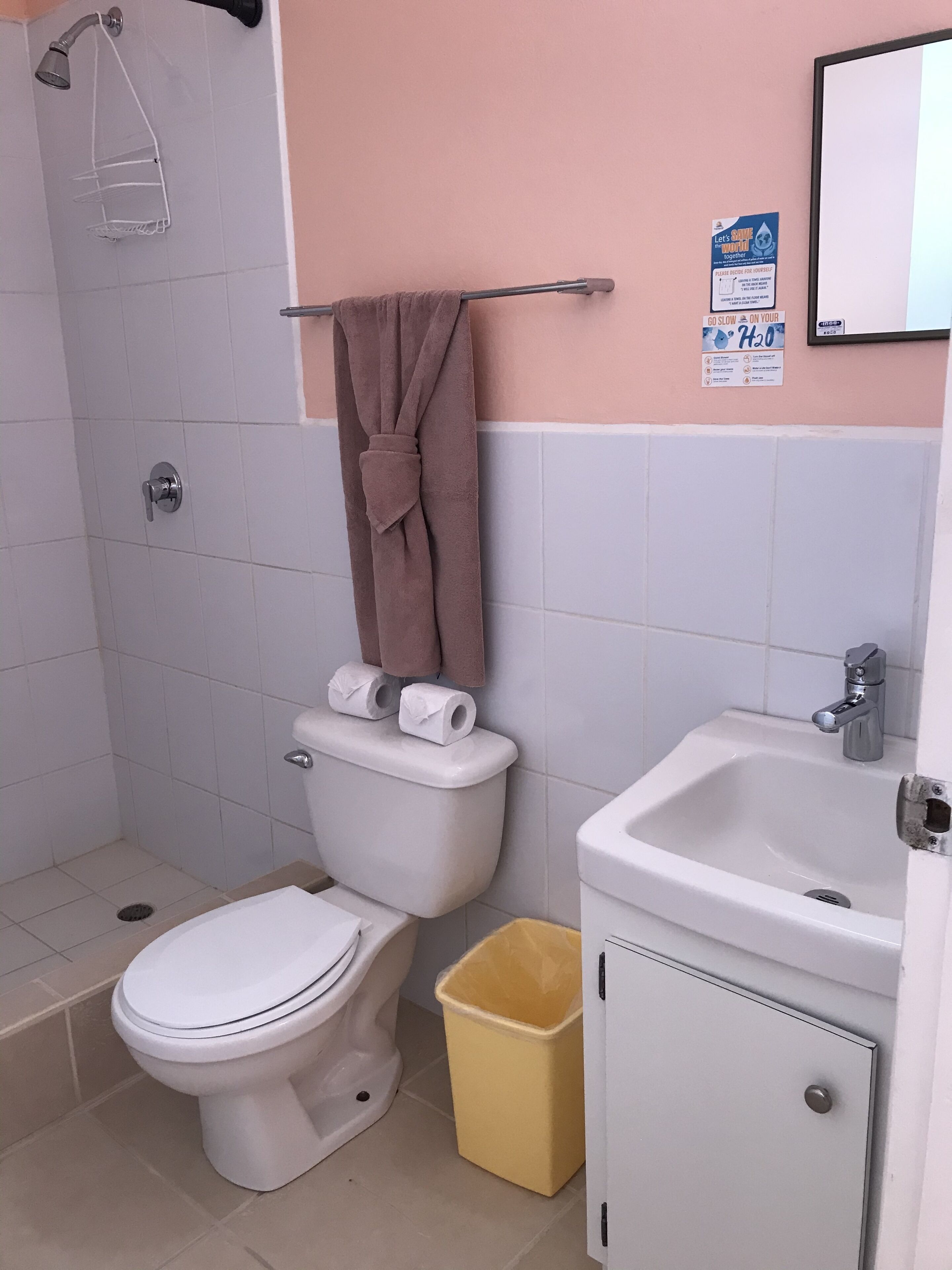 A bathroom with a toilet, sink, and shower.