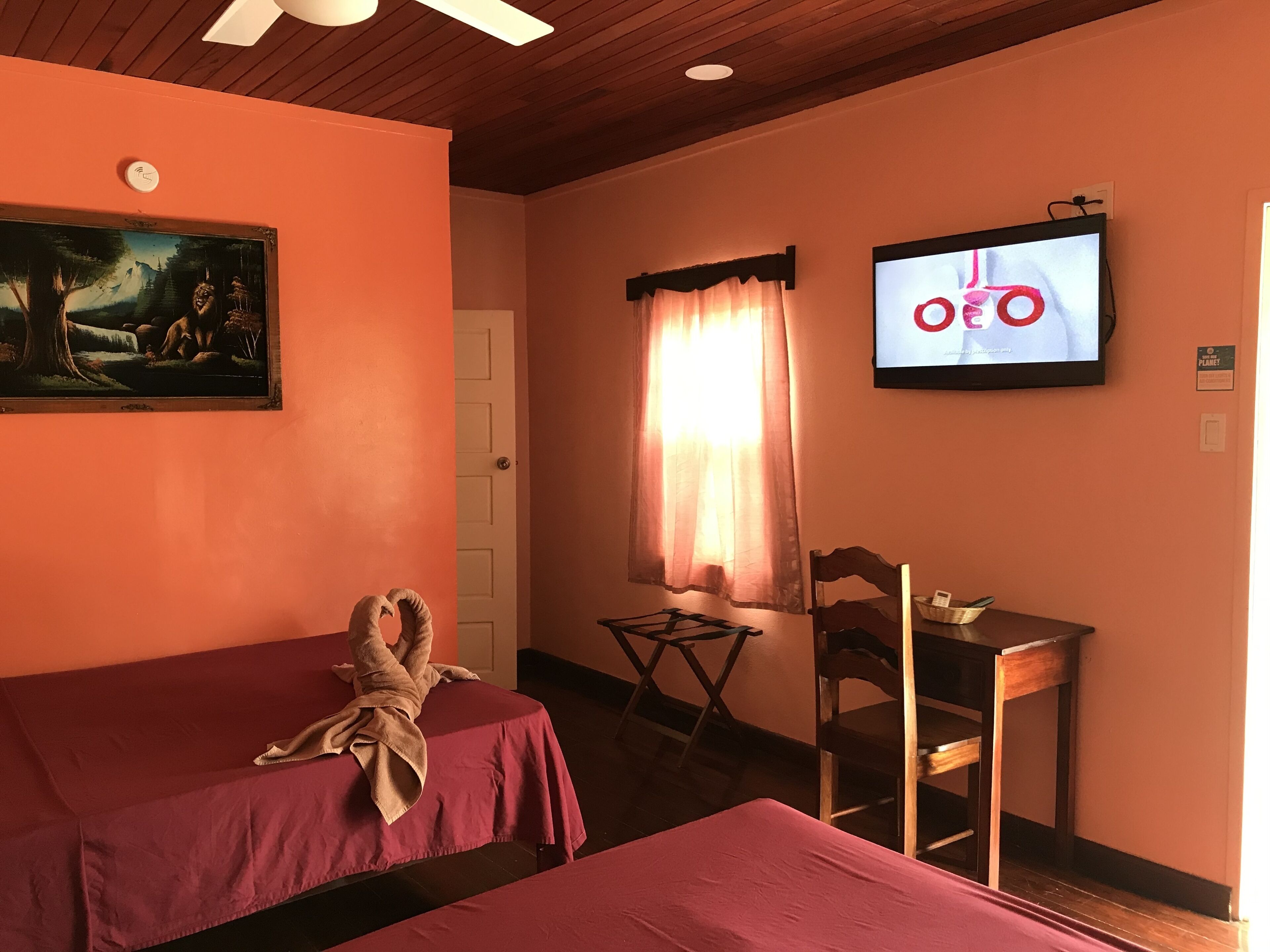 A room with two beds, a television, a painting, and a window with curtains.