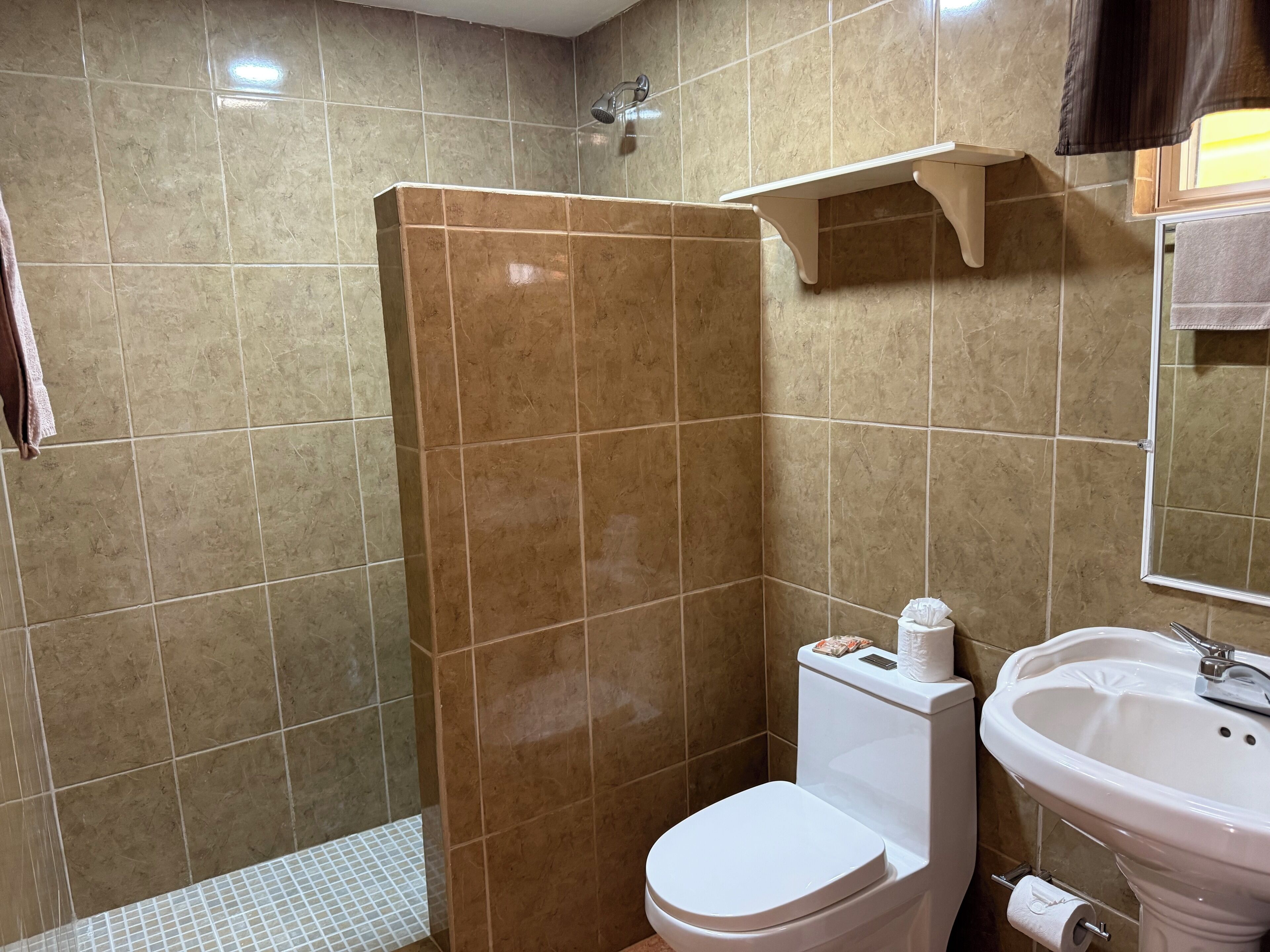 A bathroom with a shower, toilet, and sink.