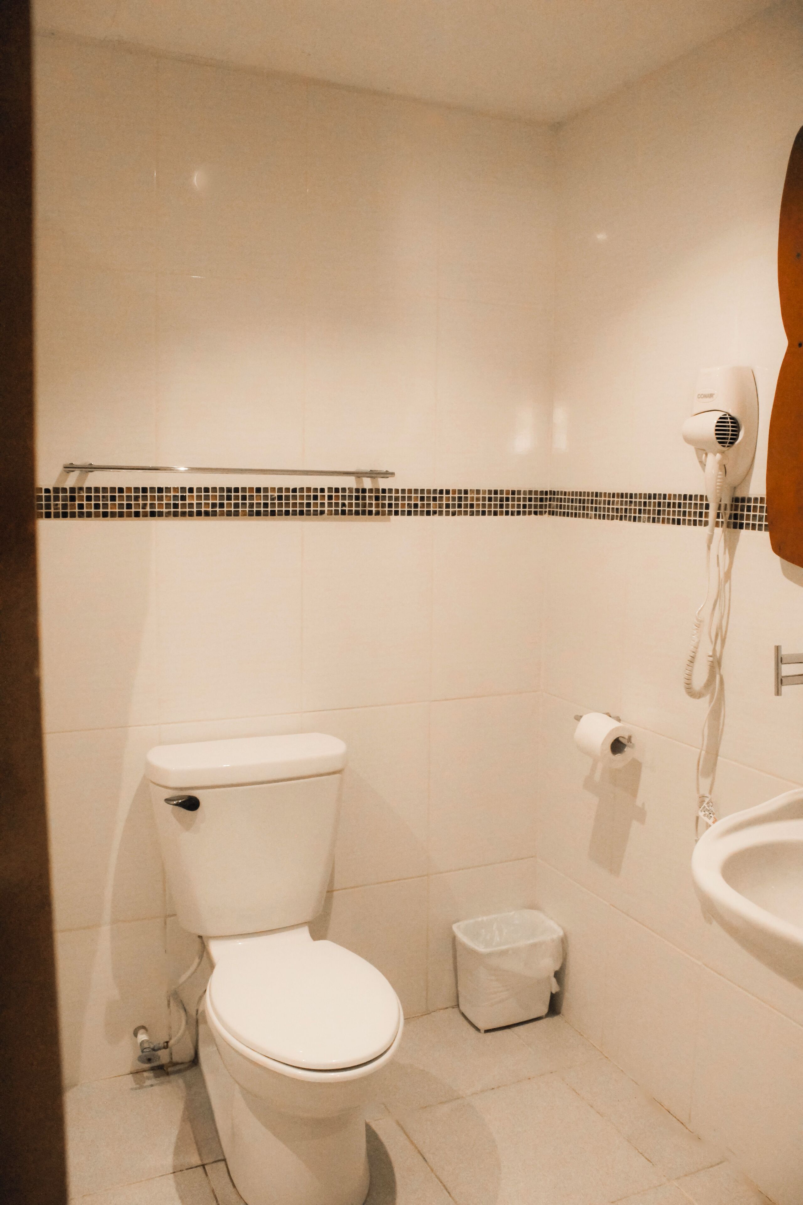 Een badkamer met toilet, handdroger, prullenbak en wastafel.