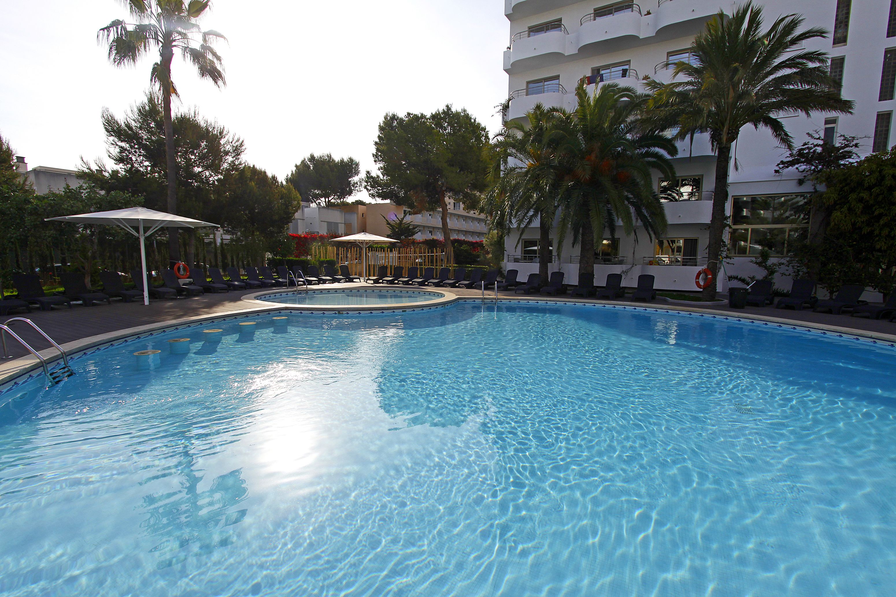 A swimming pool with lounge chairs and umbrellas, surrounded by palm trees and a multi-story building.