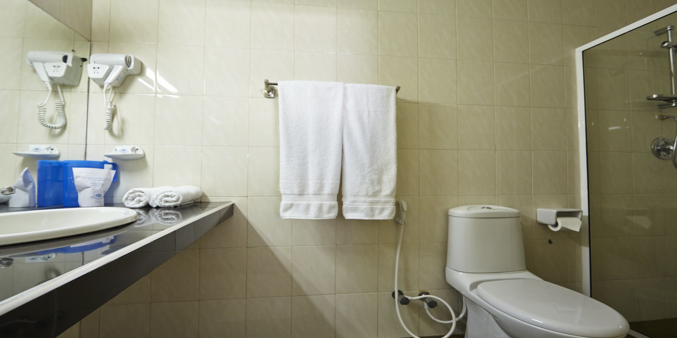 A bathroom with a toilet, a sink, a towel rack, and a shower.