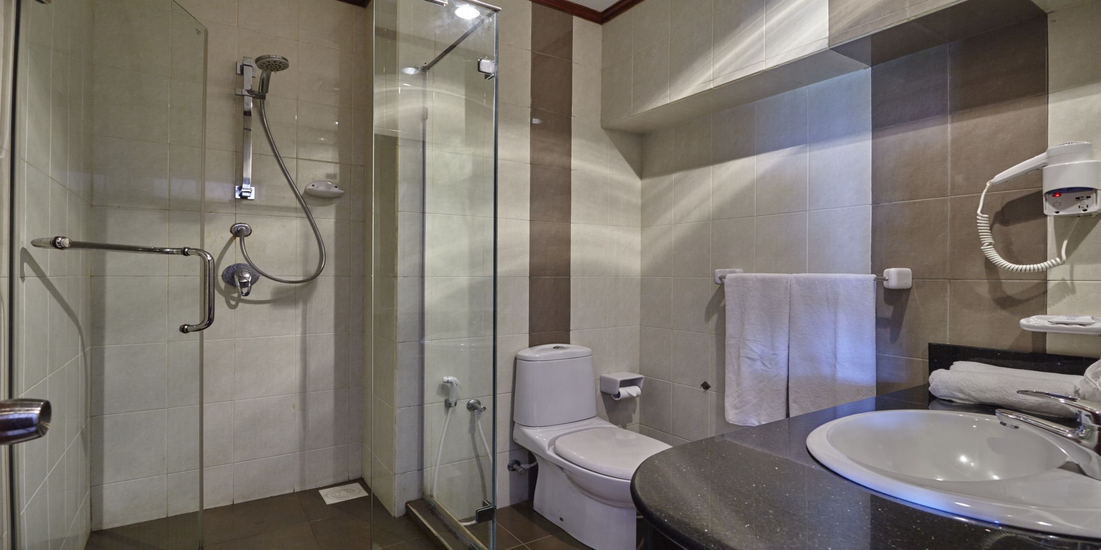 A modern bathroom with a glass-enclosed shower, a toilet, a sink, and a towel rack.