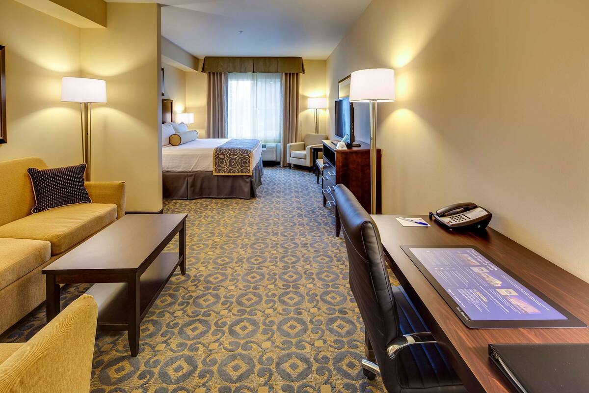A hotel room with a bed, a sofa, a desk, a telephone, and a television.