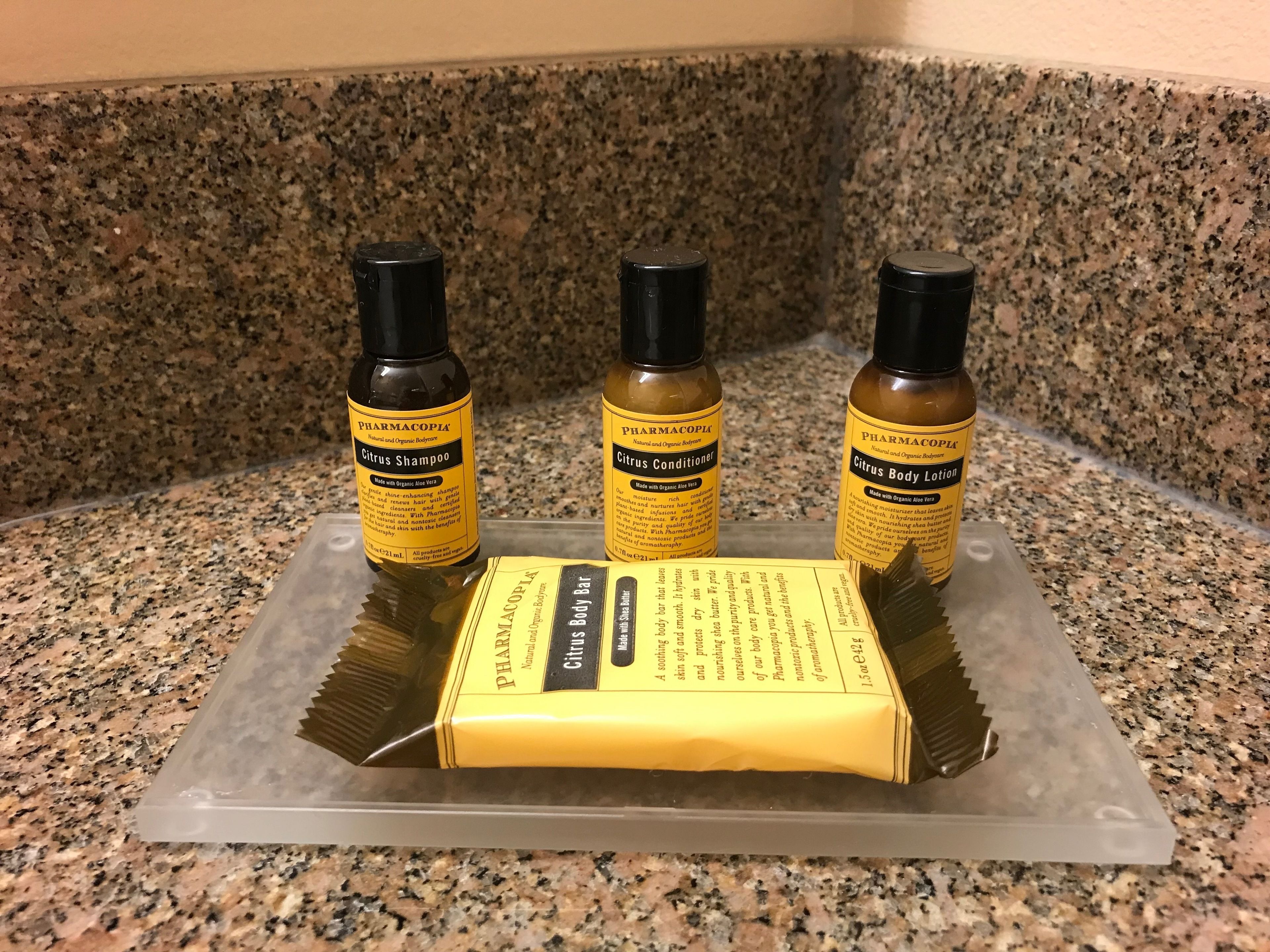 combined shower/bathtub, free toiletries, hair dryer, towels