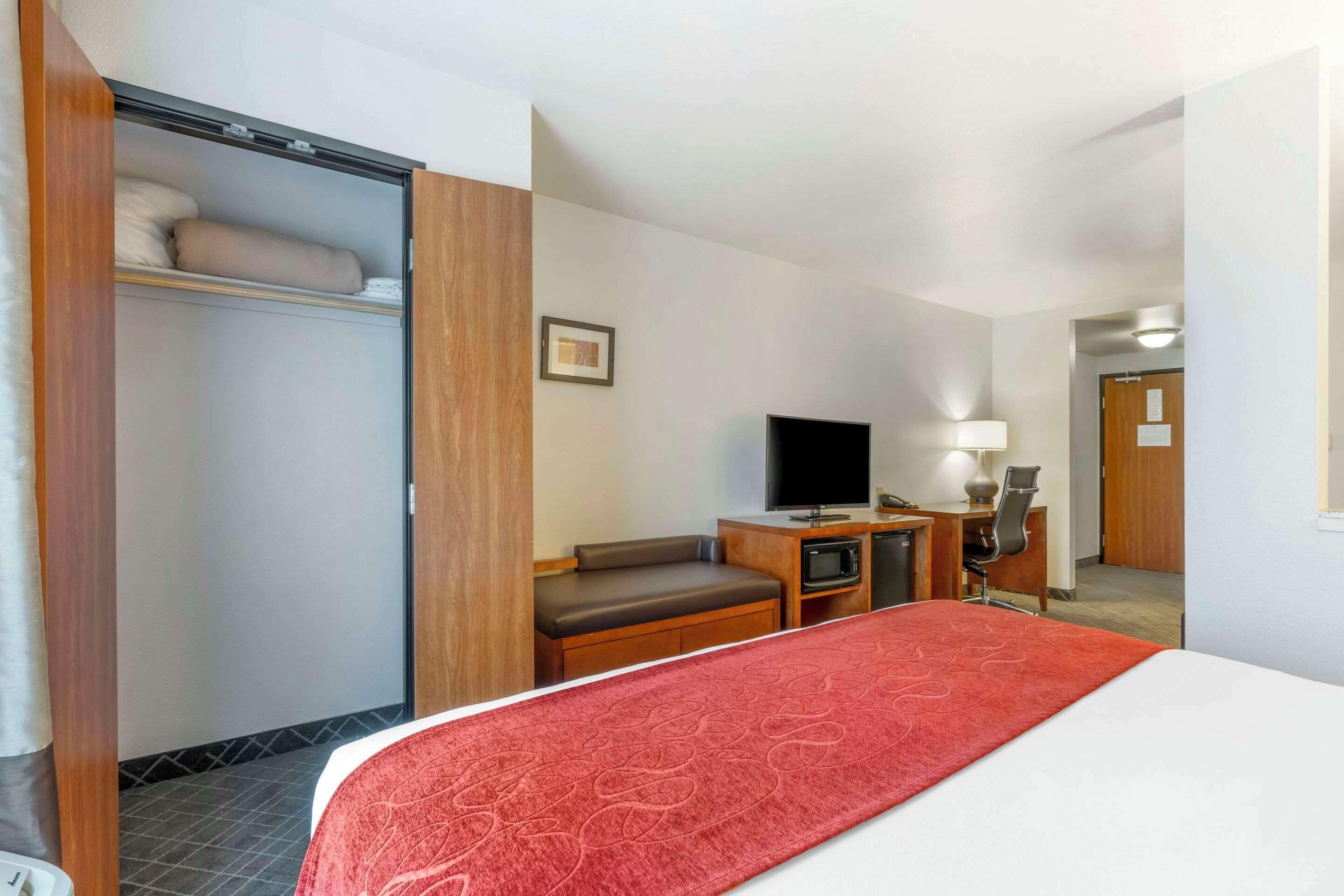 Hotellihuone, jossa on sänky, televisio, työpöytä lampun kanssa, tuoli, sohva ja vaatekaappi.