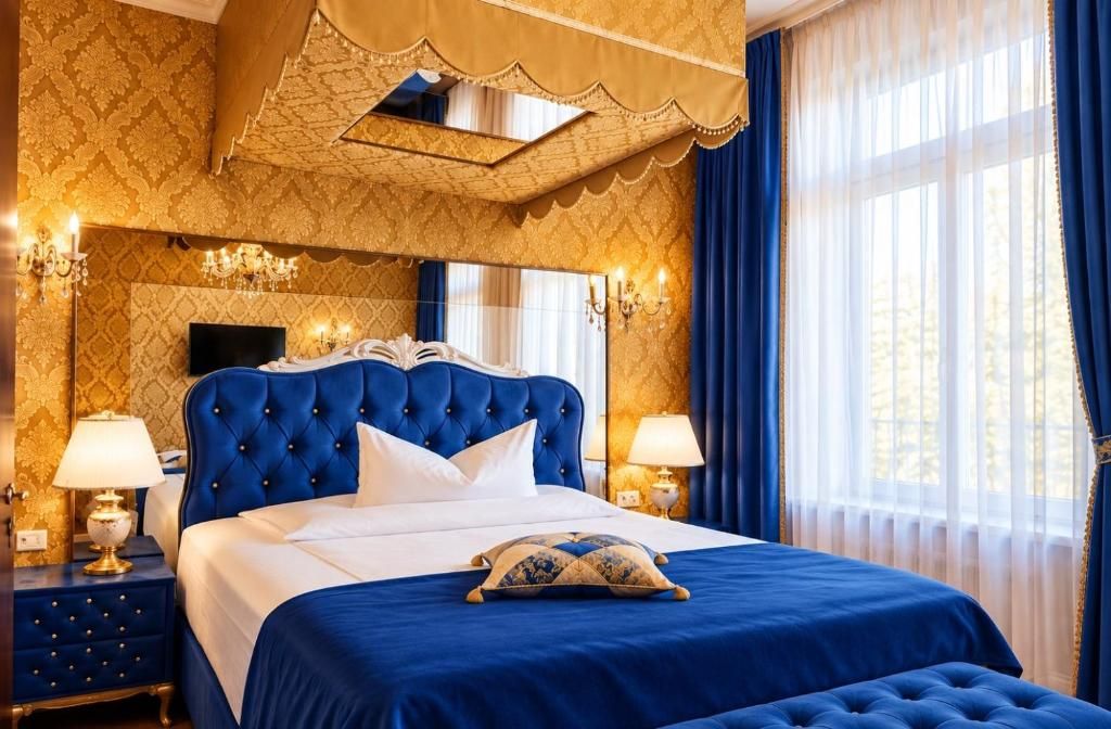 Une chambre à coucher luxueuse avec une tête de lit capitonnée, un grand lit et un baldaquin.