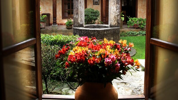 Vista a través de una ventana con un balcón de madera, un arco de piedra y una planta en maceta con flores.
