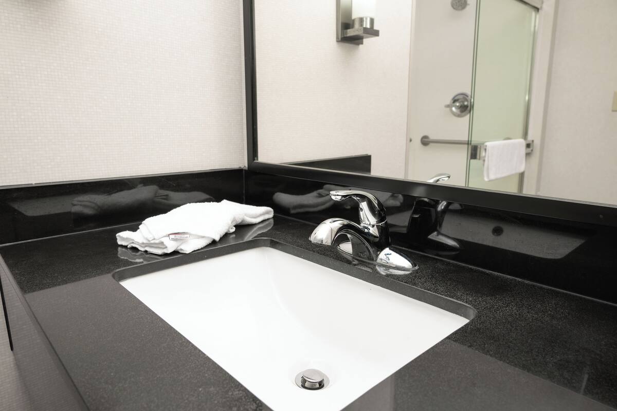 hair dryer, towels, soap, shampoo