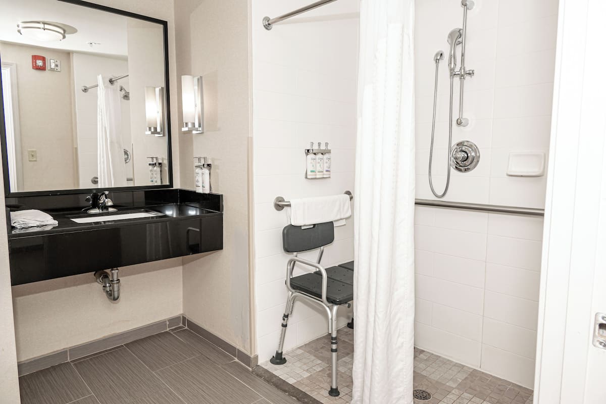 hair dryer, towels, soap, shampoo