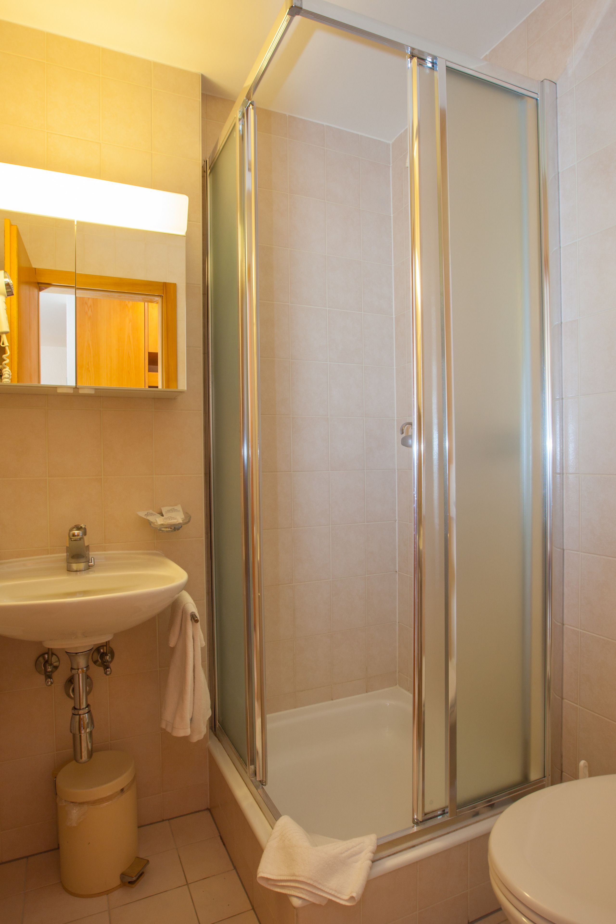 combined shower/bathtub, hair dryer, bathrobes, towels