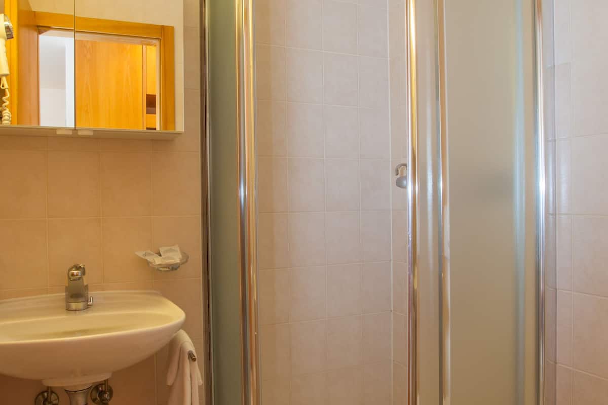 combined shower/bathtub, hair dryer, bathrobes, towels