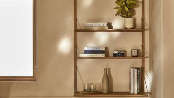 A bookshelf with books, a camera, a vase, and a plant.