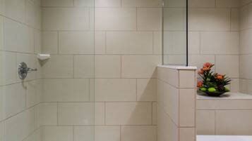 Designer toiletries, hair dryer, towels