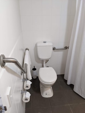 Bathroom features a toilet, shower and towel rack.