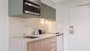 Fridge, microwave, stovetop, electric kettle