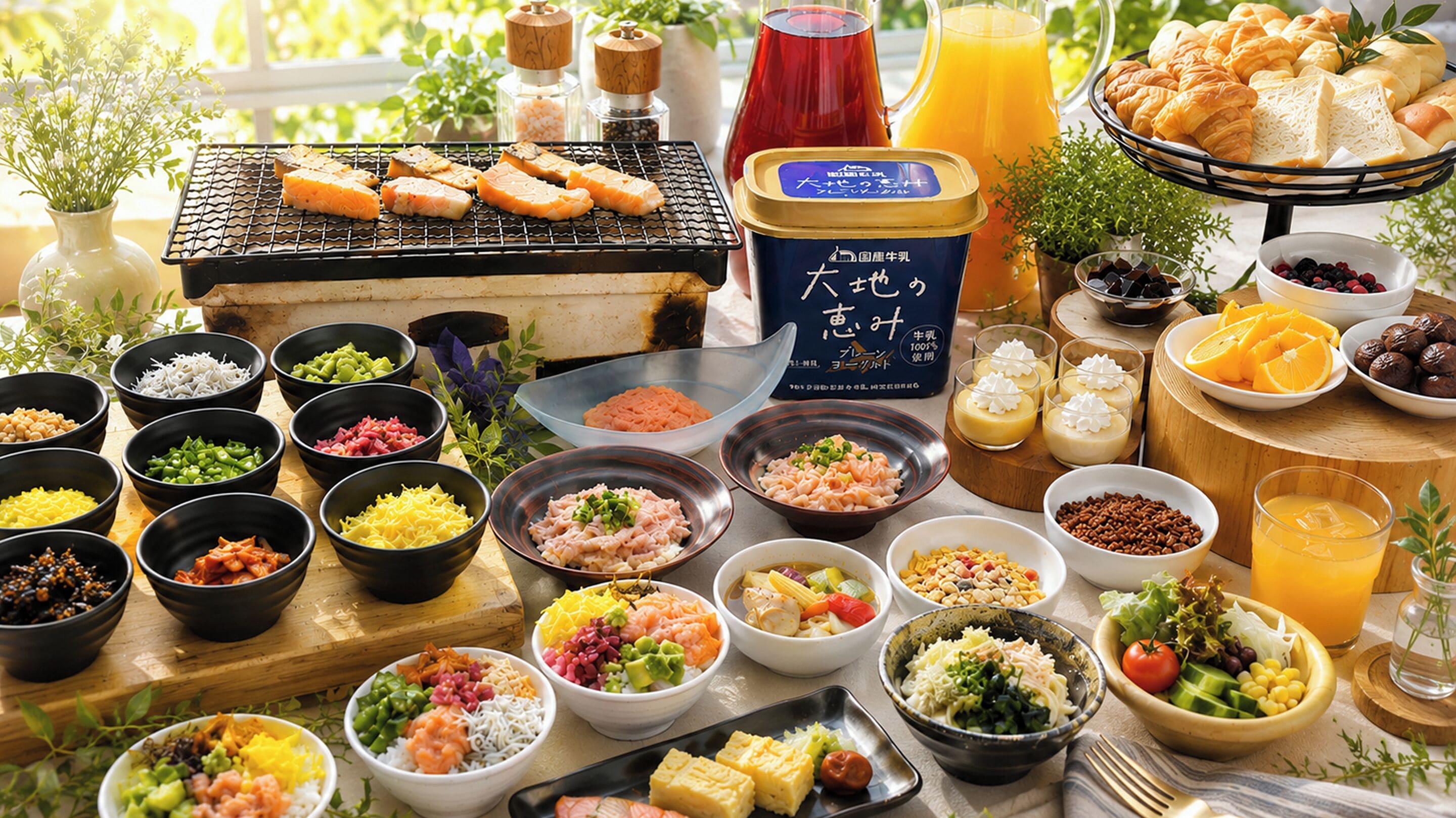 A variety of food items and a grill with salmon, bowls of different ingredients, and a pitcher of juice.