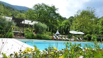 Outdoor pool, pool umbrellas, sun loungers
