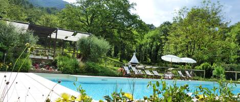 Hồ bơi ngoài trời, dù/ô trên bãi biển/hồ bơi, ghế dài tắm nắng