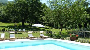 A swimming pool with lounge chairs and an umbrella, surrounded by a fence and greenery.