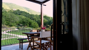 A balcony with a table and chairs, a potted plant, and a view of a green valley and hills.