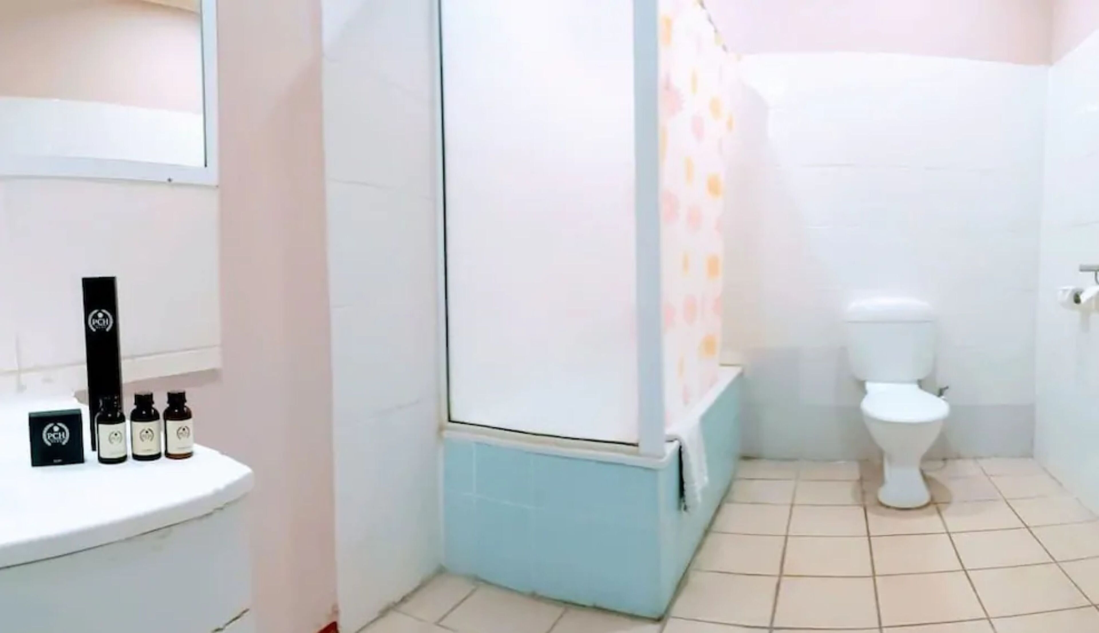 Un baño con inodoro, lavabo y zona de ducha.