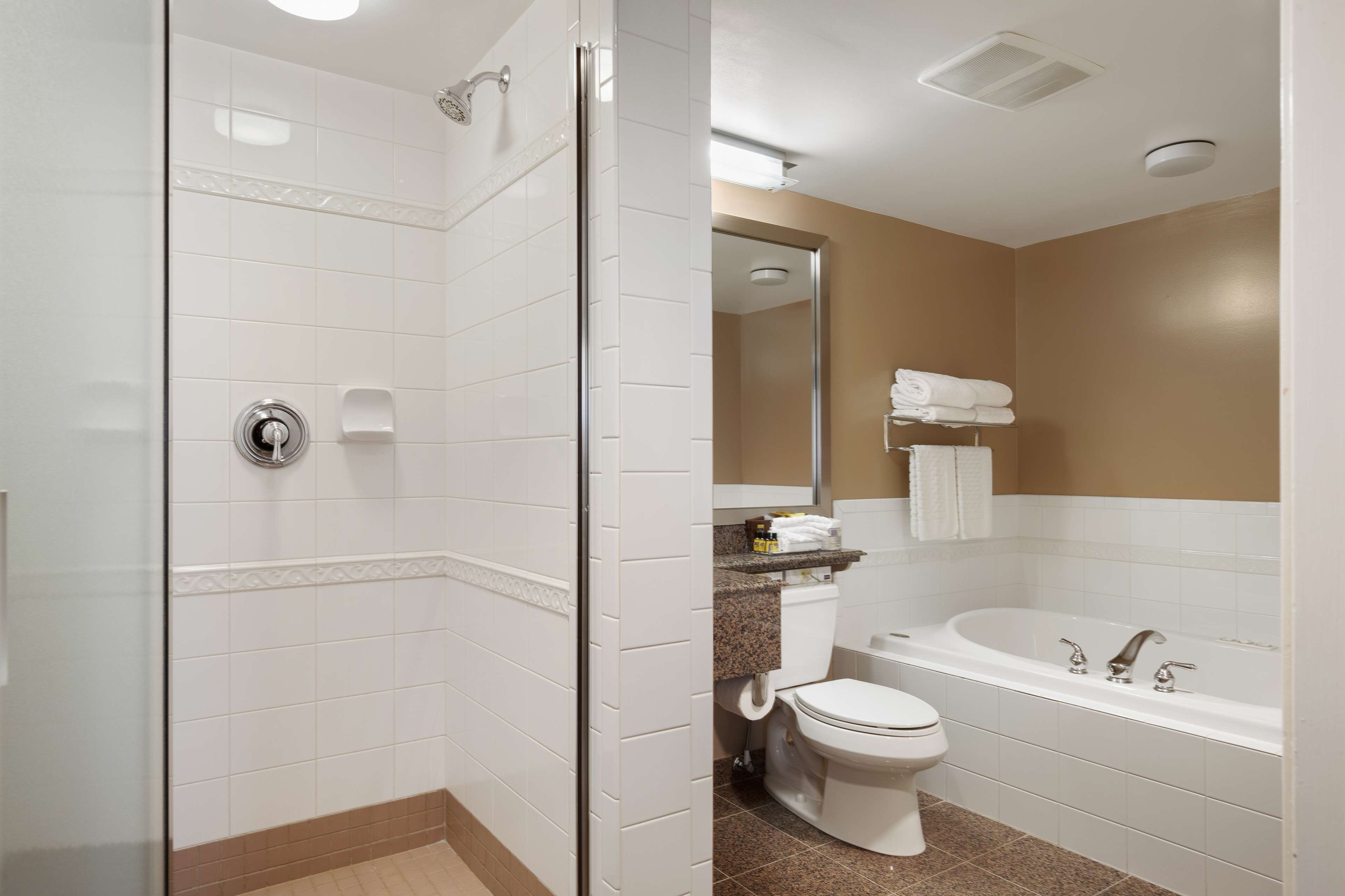 suite, 1 king bed, non smoking, jetted tub (dining table;queen sofabed) | bathroom | combined shower/bathtub, designer toiletries, hair dryer, towels