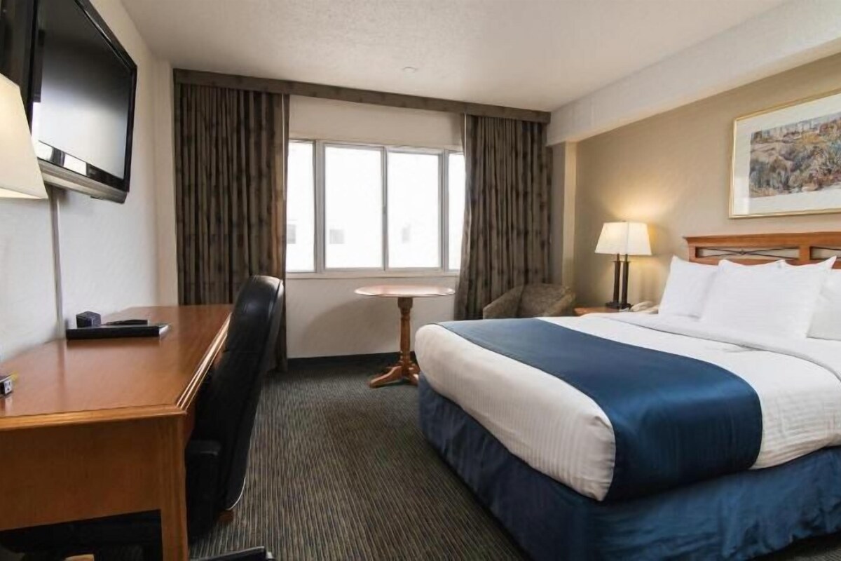 A hotel room with a bed, desk, chair, television, and a window with curtains.