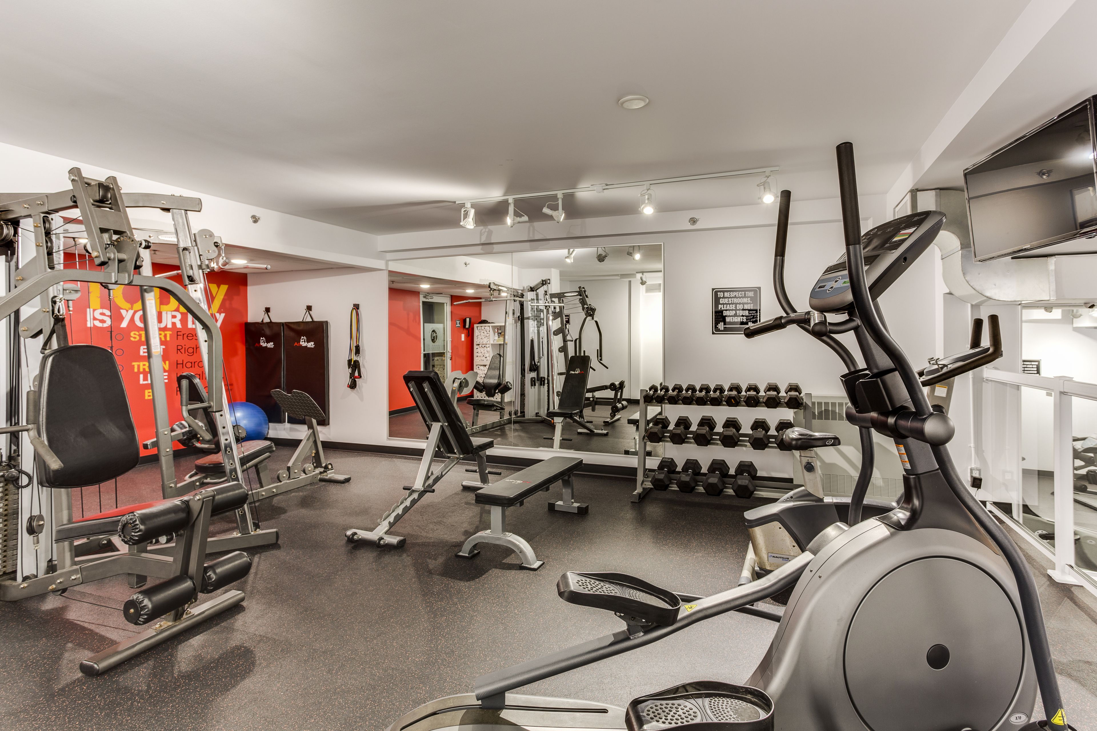 Un gimnasio con diverso equipo de ejercicio, como cintas de correr, mancuernas y máquinas de pesas.