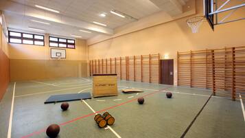 Un terrain de basket-ball intérieur avec une structure en bois sur laquelle est inscrit « PLATURN WIEN » et plusieurs ballons de basket sur le sol.