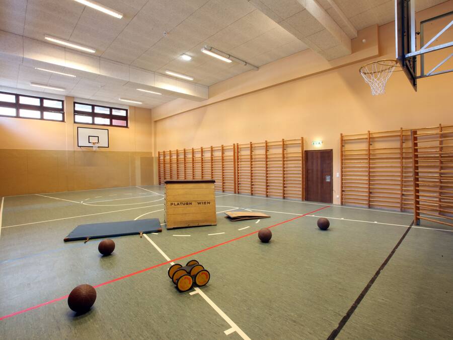 Un terrain de basket-ball intérieur avec une structure en bois sur laquelle est inscrit « PLATURN WIEN » et plusieurs ballons de basket sur le sol.