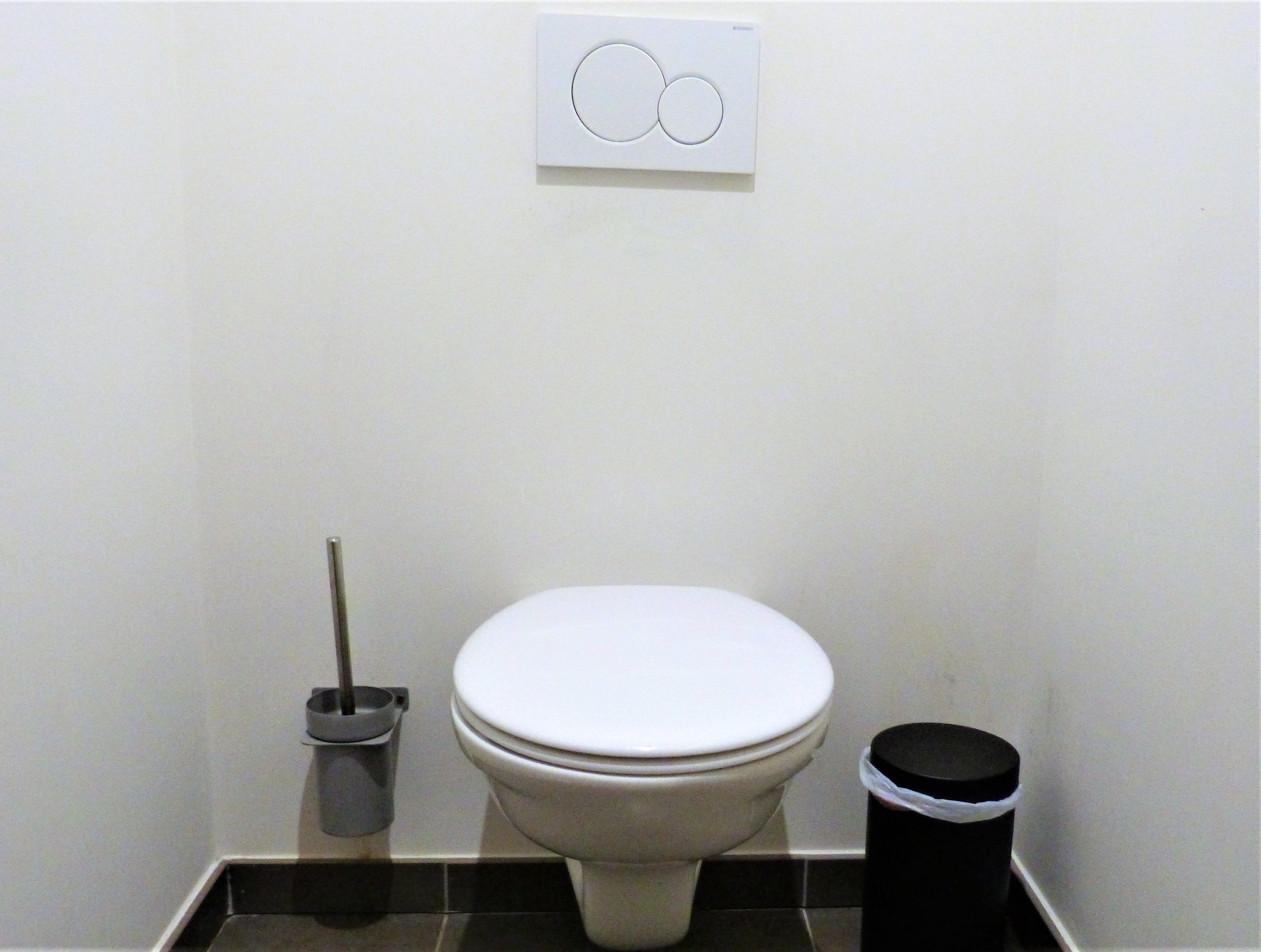 A toilet with a white seat, a black trash bin, and a toilet brush.