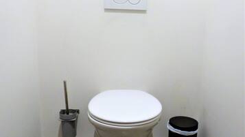 A toilet with a white seat, a black trash bin, and a toilet brush.