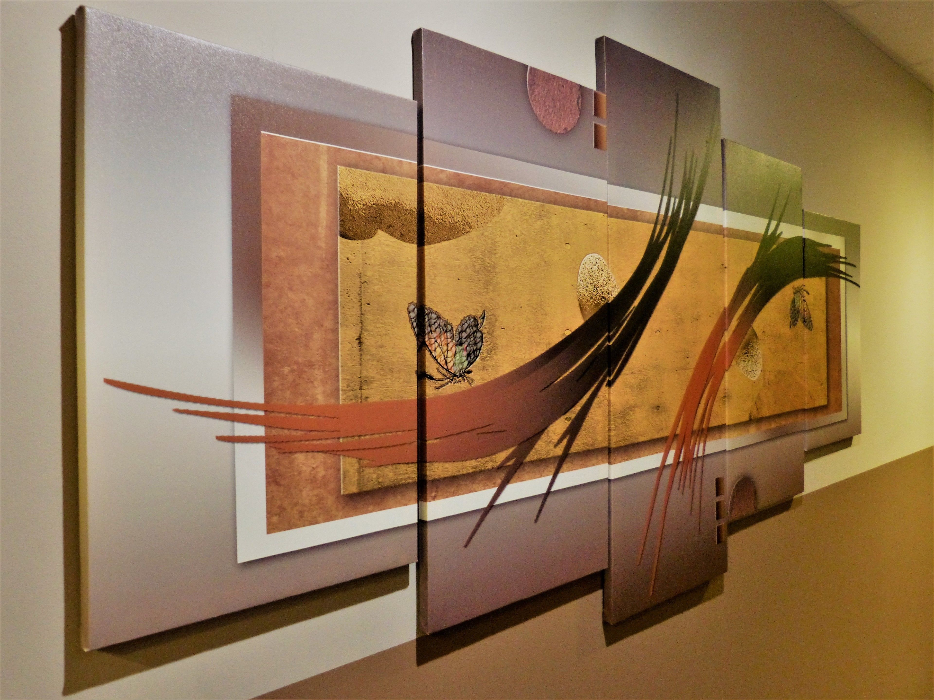 A modern art installation with abstract shapes and patterns.